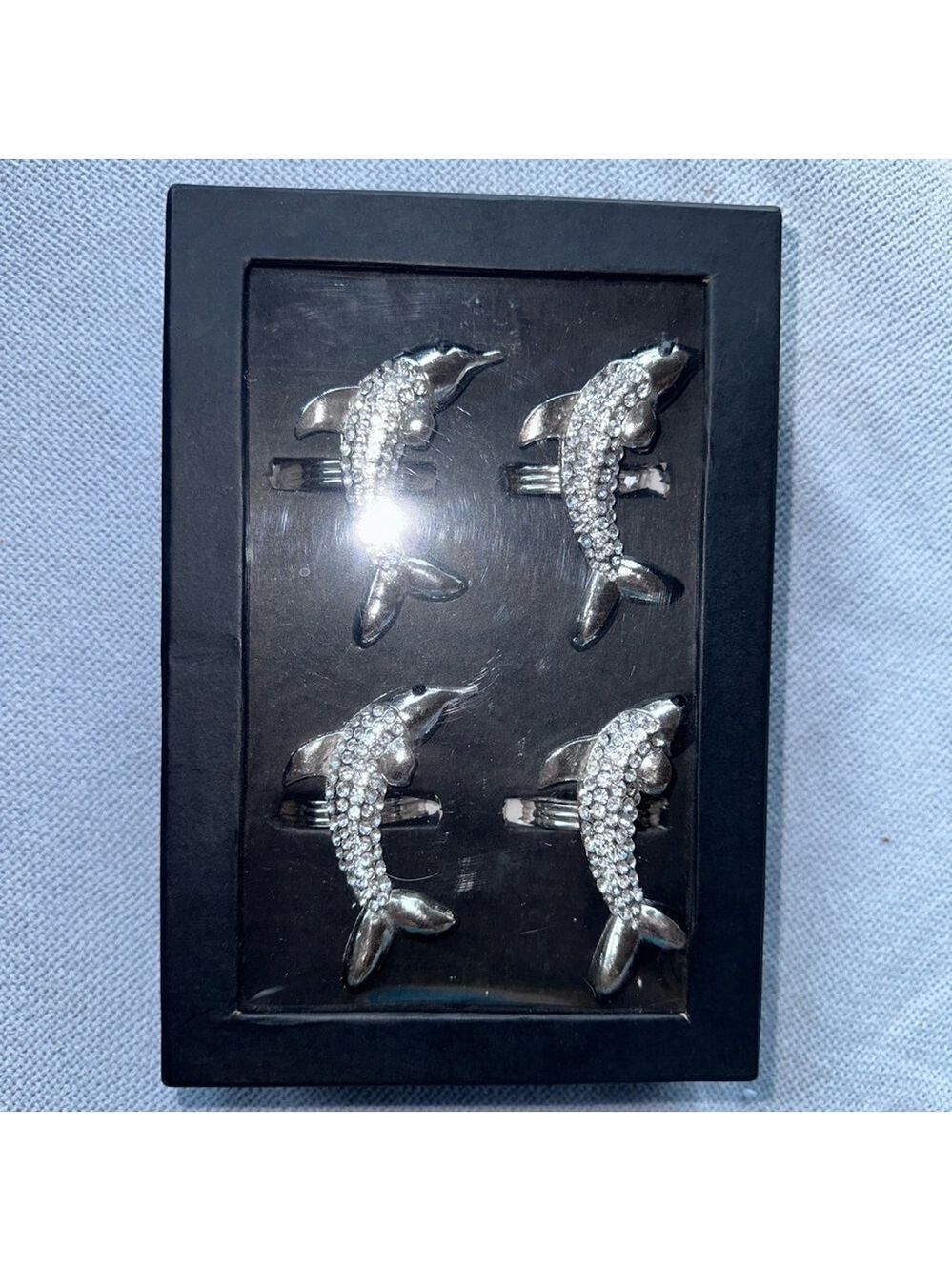 NIB Coastal Collection Dolphin Rhinestone Napkin Rings Silver Beach Decor Set